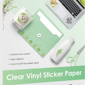 Clear Sticker Paper for Inkjet Printer - Waterproof Clear Printable Vinyl Sticker Paper - 8.5x11 Inch 15 Sheets Transparent Glossy Sticker Paper for DIY Personalized Stickers, Labels, Decals